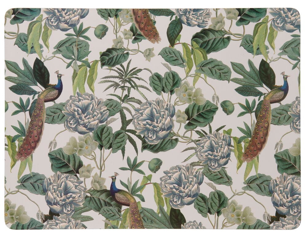 Pöytätabletti kukallisella kuviolla ja värikkäillä riikinkukoilla.