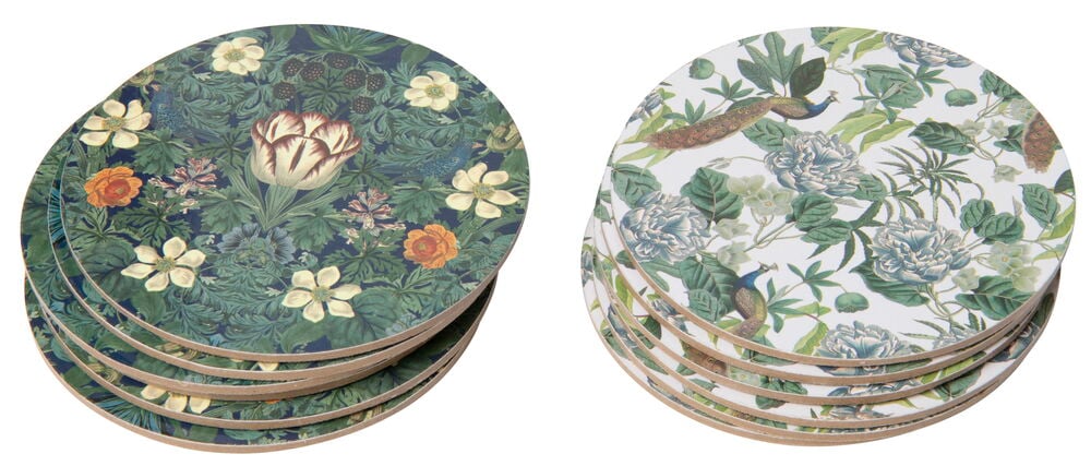 Kuusi pyöreää lasinalustaa, joissa on värikkäitä kukkakuvioita.