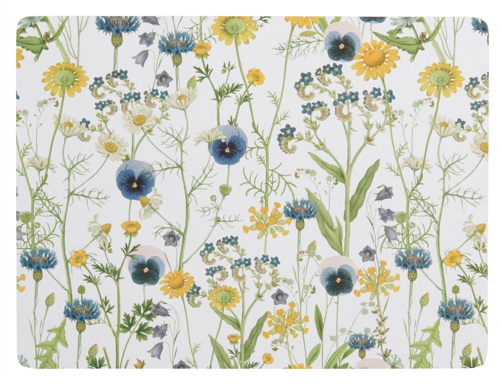 Suorakulmainen pöytätabletti, jossa on kukkakuvio valkoisella taustalla.