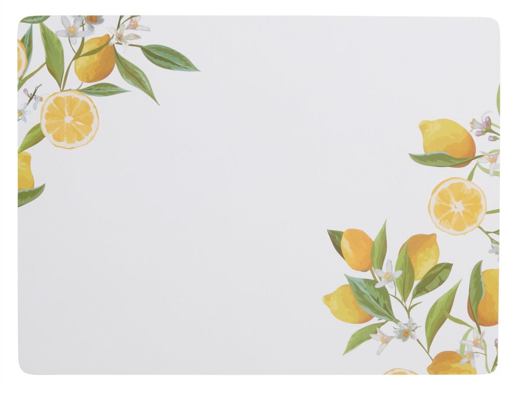 Vitt bordstablett med citronmönster och gröna blad.