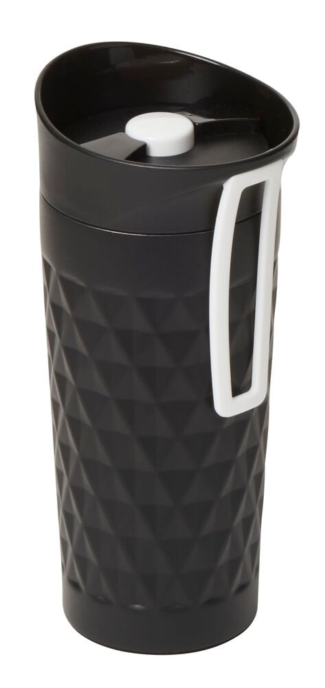 Svart termosmugg i rostfritt stål med vitt lock.