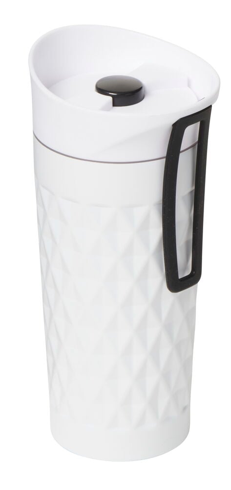 Vit termosmugg i rostfritt stål med svart handtag.