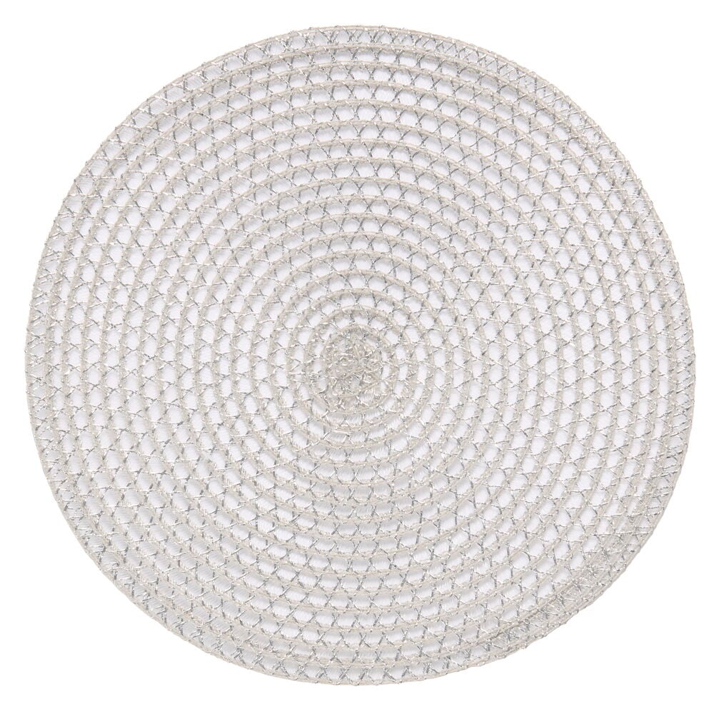 Rundes, silbernes gewebtes Tischset mit Spiralmuster von der Mitte.
