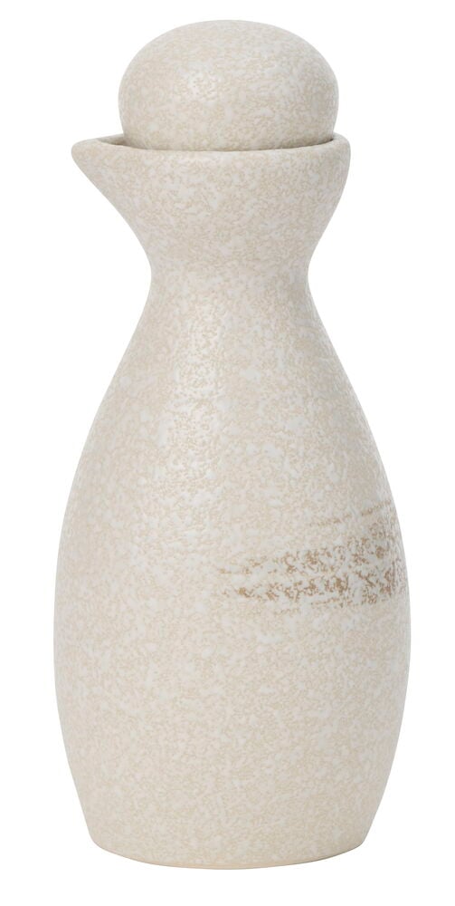 Soßenflasche Akari Beige Steingut mit kugelförmigem Stopfen, gesprenkelter Textur und Ausguss.