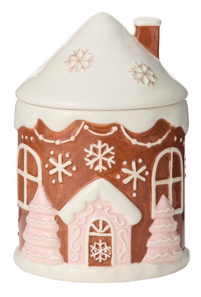Kakburk Keramik Pepparkakshus med vitt tak, bruna väggar, rosa detaljer och snöflingsdekorationer.