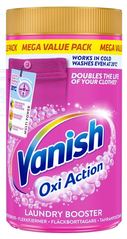 Rosa burk Vanish Oxi Action fläckborttagningspulver 1 5 kg.