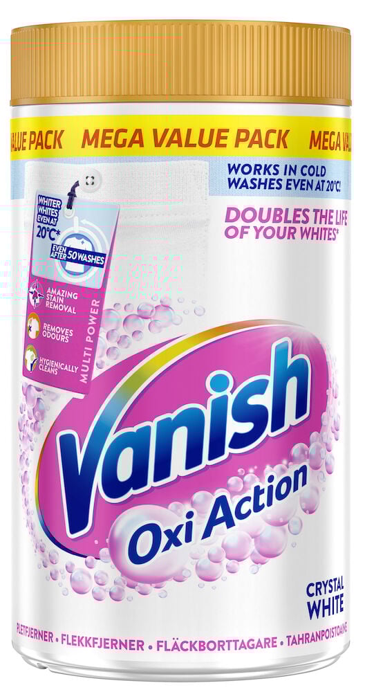 Vit plastburk Vanish Oxi Action fläckborttagningspulver.