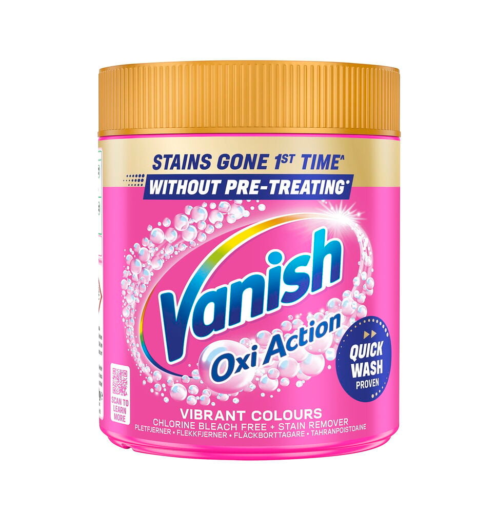 Flekkfjerningspulver Vanish 720 g Rosa, en rosa boks med gullfarget lokk, sett forfra.