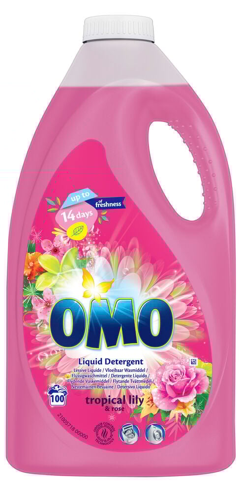 Rosa muovikanisteri Omo nestemäisen pesuaineen etiketillä.