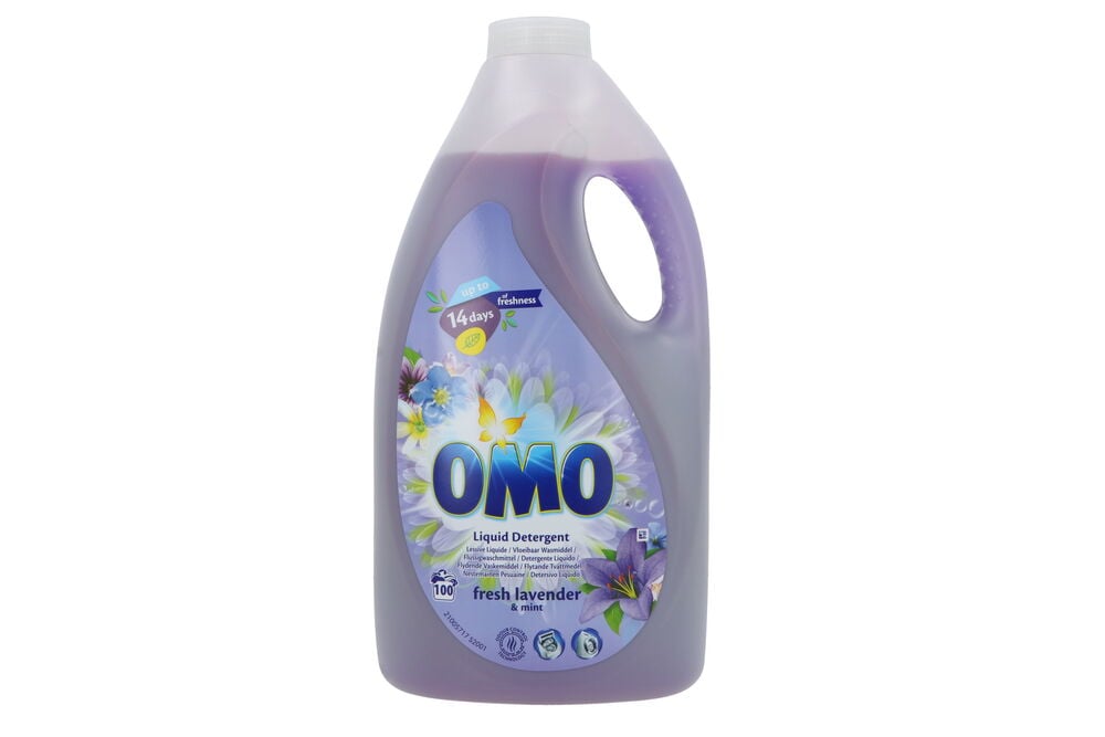 Flüssigwaschmittel Omo 5 l Lavender, eine große lila Plastikflasche mit weißem Deckel.