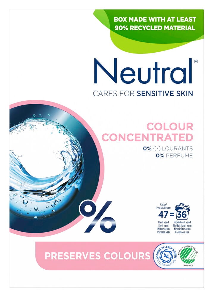 Valkoinen pakkaus neutraalia pesujauhetta värillisille vaatteille.