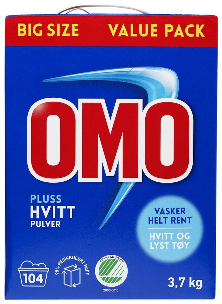 Blå stor pakke Omo vaskemiddel pulver 3,7 kg.