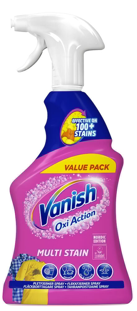 Rosa sprayflaska Vanish Oxi Action fläckborttagare.