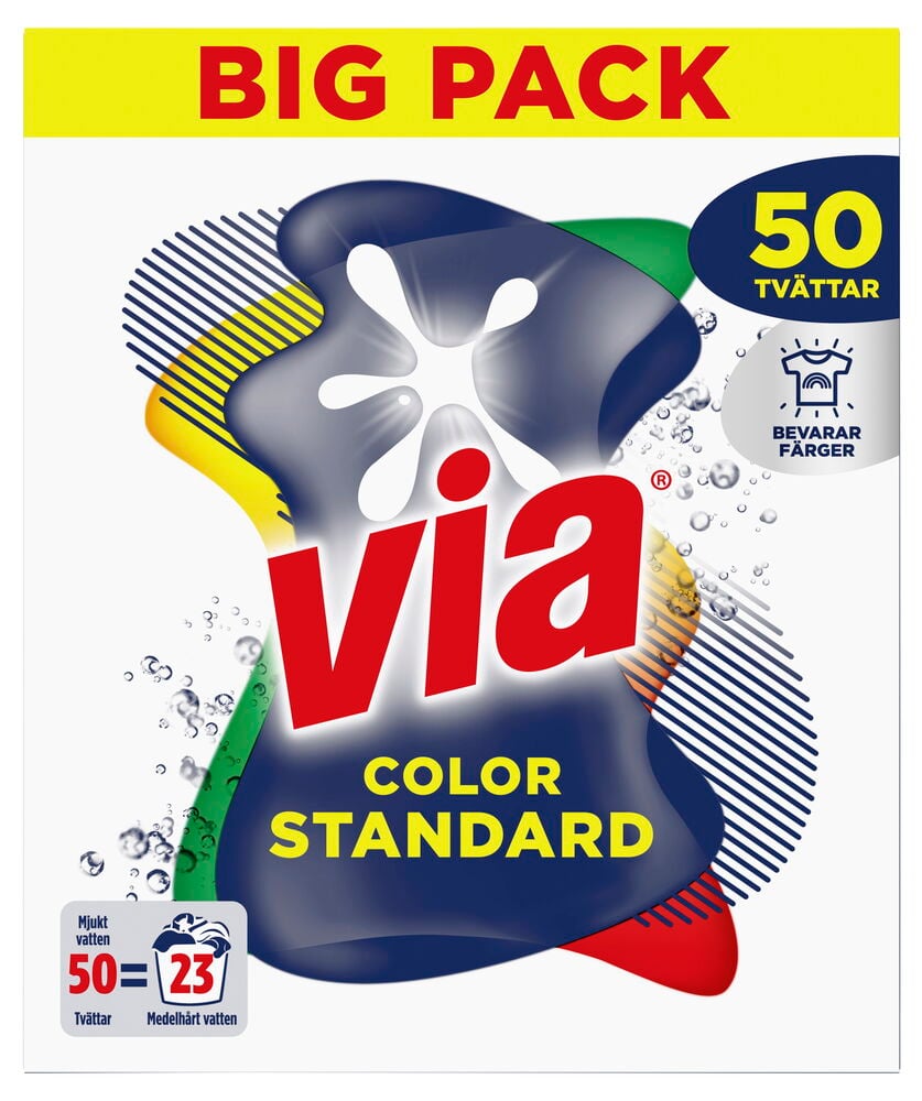 Via Color parfymfritt tvättmedelspulver, svanenmärkt, allergivänligt.