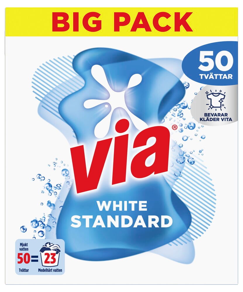 Vit förpackning Via tvättmedel för vita kläder.