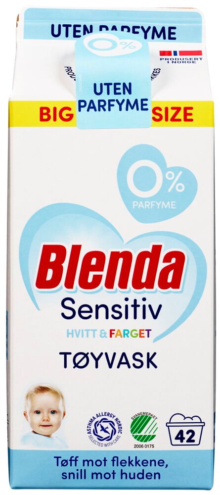 Hvit pakke Blenda Sensitive parfymefri flytende vaskemiddel.