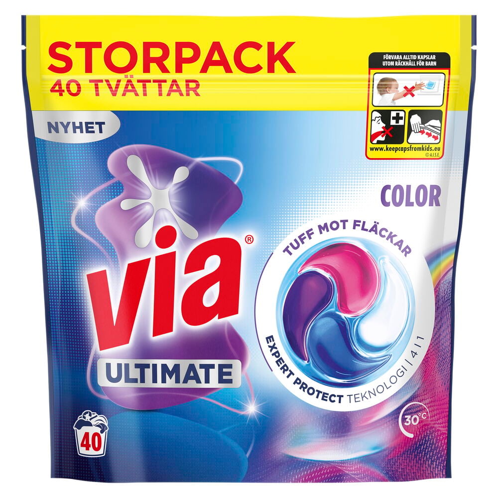 Gul och blå förpackning Tvättmedelskapslar Via 40-pack Color, med en lila och blå kapsel visas på framsidan.