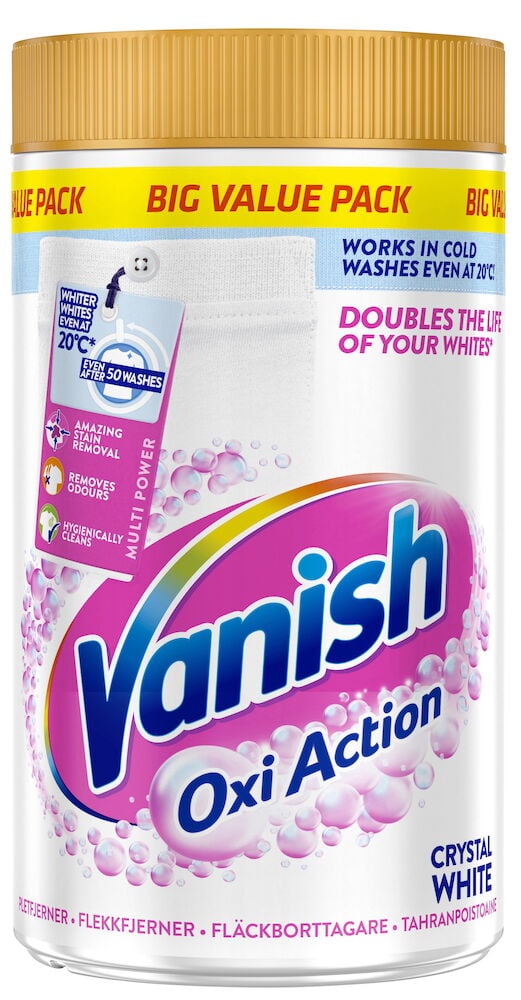 Vit Vanish Gold 1,4 kg fläckborttagningspulver i behållare med guldlock och rosa/blå etikett.