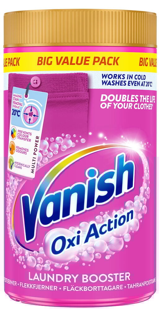 Fläckborttagningspulver Vanish Gold 1,4 kg Color, rosa behållare med guldrandigt lock och produktetikettdetaljer.