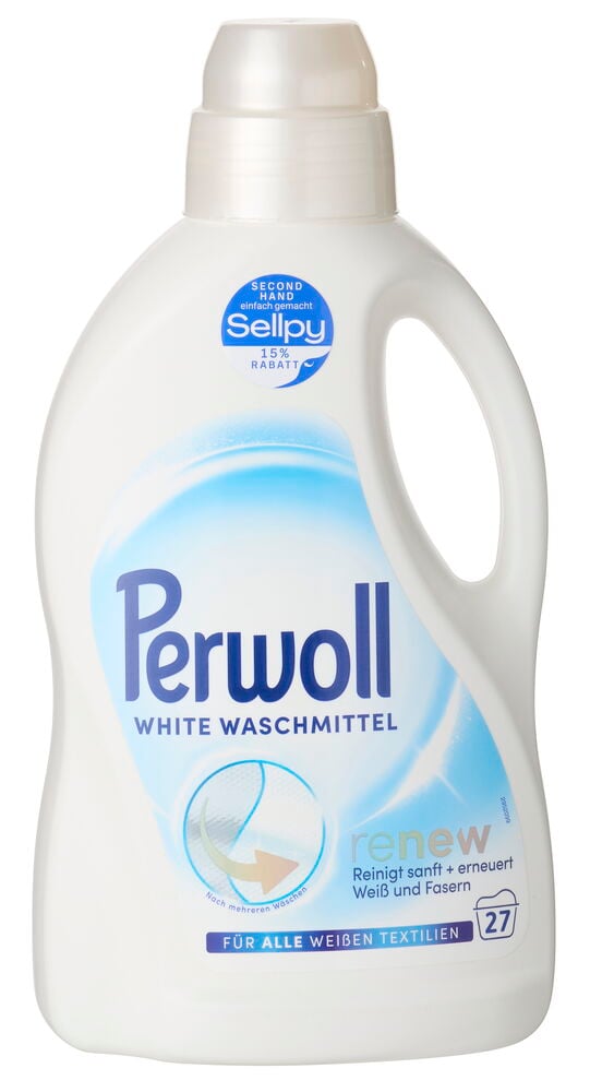 Weiße Plastikflasche mit Flüssigwaschmittel Renew Weiß, blau-weißem Etikett, für 27 Wäschen.