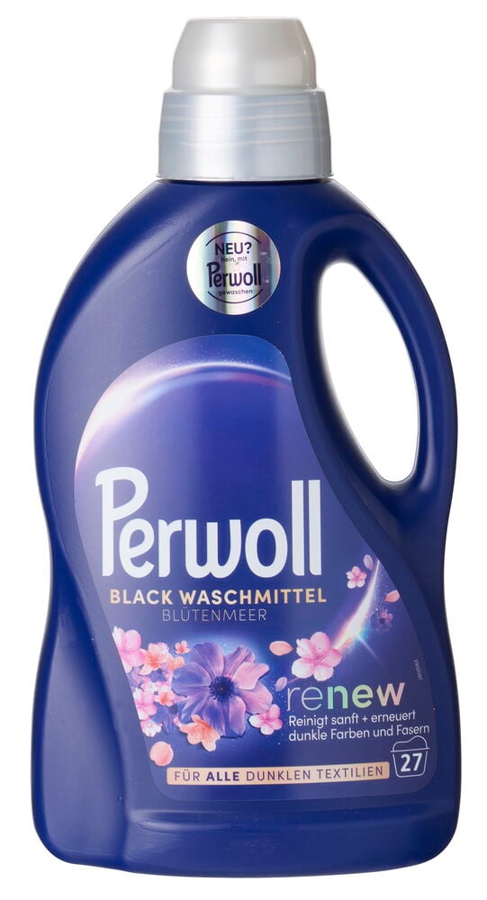 Flüssigwaschmittel Perwoll 1,35 l Blütenmeer, dunkelblaue Flasche mit weißem Deckel und Blumenetikett.