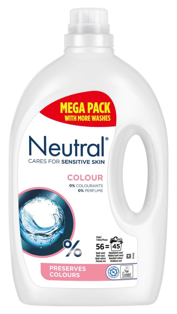 Hvit plastflaske med flytende vaskemiddel Neutral 2,25 l Color, med rosa og røde etiketter.