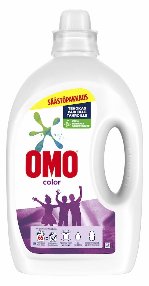 Valkoinen muovipullo, jossa Omo Color -pesuaineetiketti.