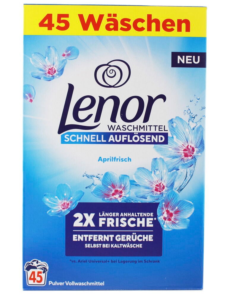 Eine weiß-blaue Packung Lenor Waschpulver für 45 Wäschen, Duft Aprilfrisch.