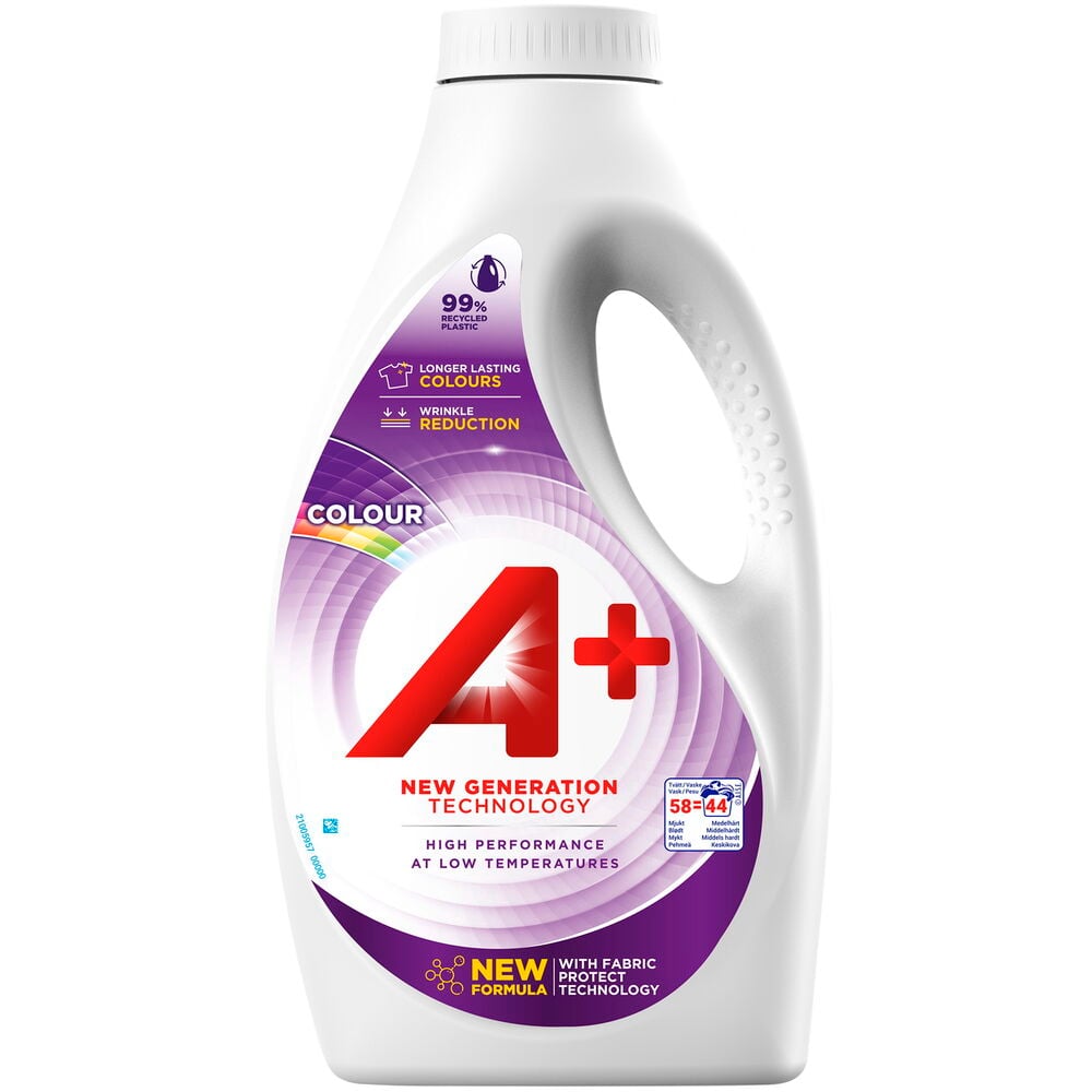 Vit plastflaska med lila etikett för tvättmedel.