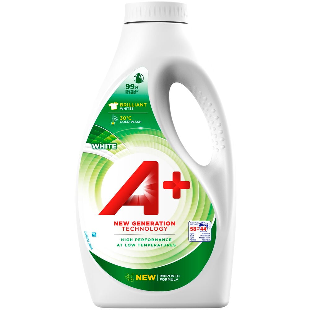 Vit flaska flytande tvättmedel med grönt och rött motiv.