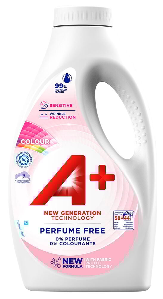 Valkoinen Nestemäinen pyykinpesuaine A+ 1,98 l Herkkä pullo, jossa on vaaleanpunaisia yksityiskohtia.