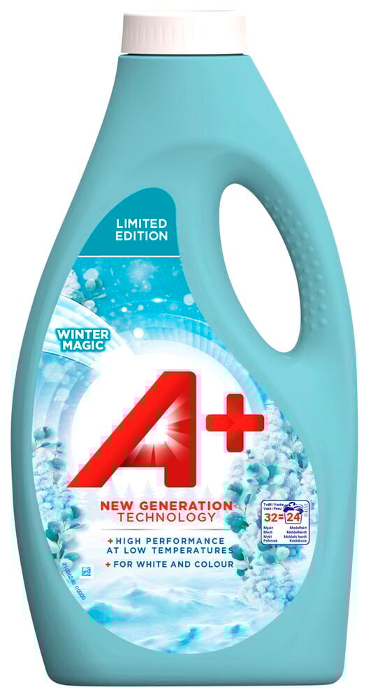 Blå plastflaska med vitt skruvlock och etikett.