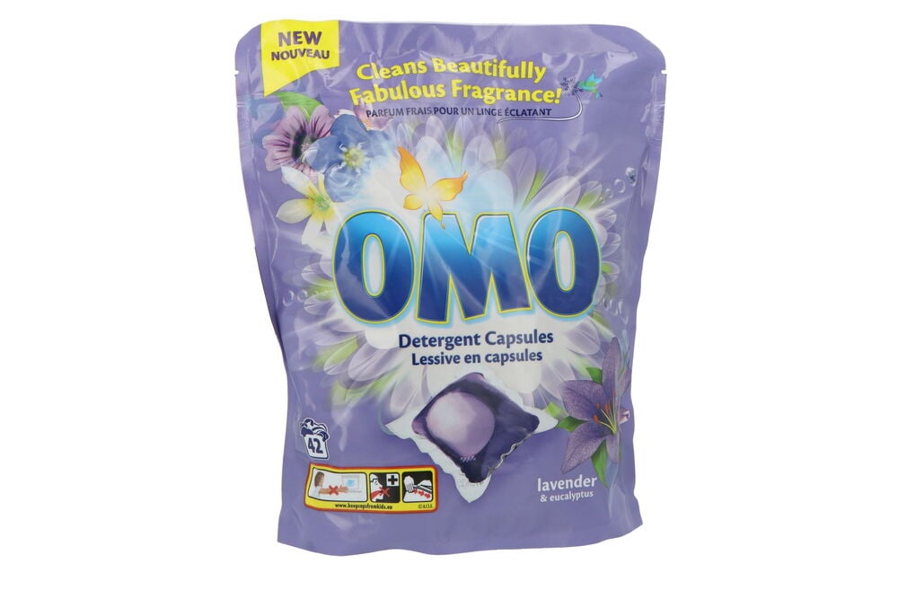 Omo 42er-Pack Lavendel Waschmittel Pods, ein lila Beutel mit Blumenmuster und Kapselabbildung.
