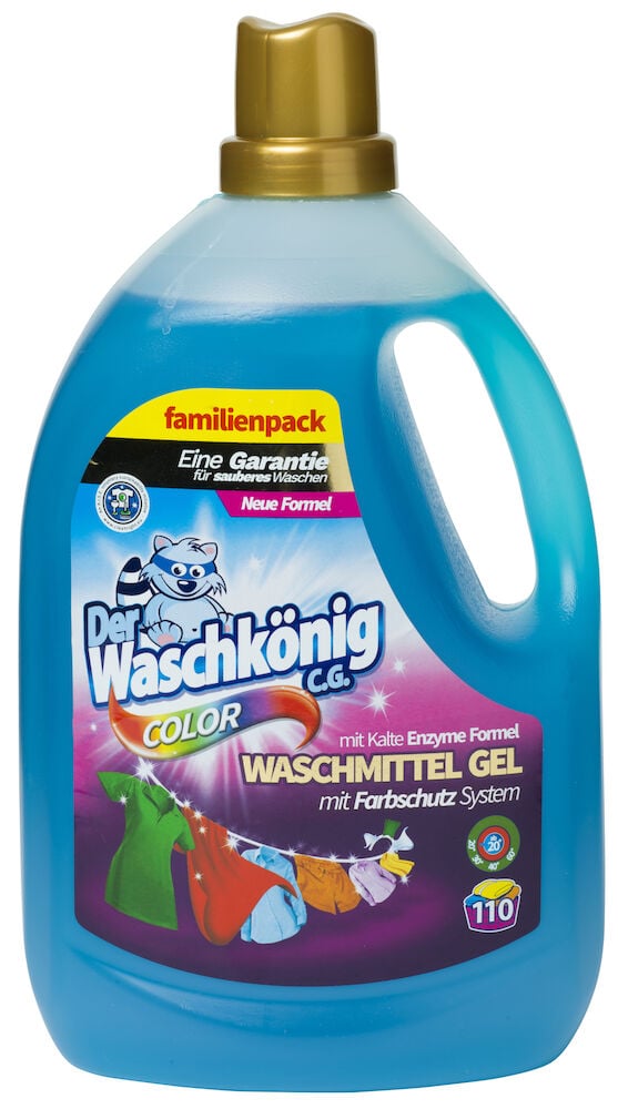 Blaue Flasche mit flüssigem Waschmittel Der Waschkönig.