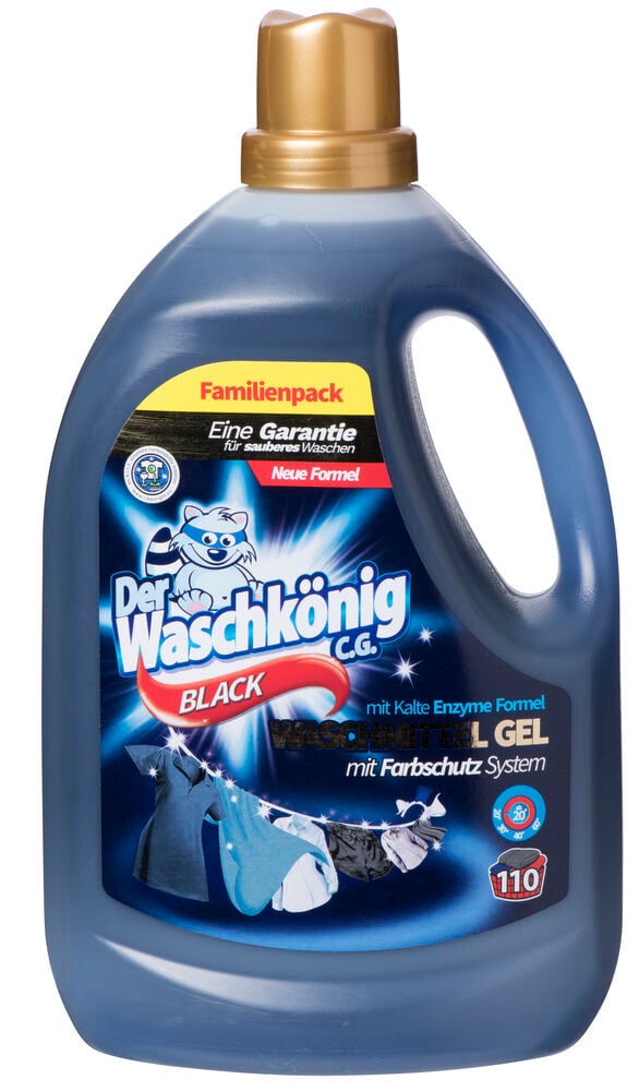 Flüssigwaschmittel Der Waschkönig 3,305 l Black in dunkelblauer Flasche mit goldenem Verschluss und Etikett.