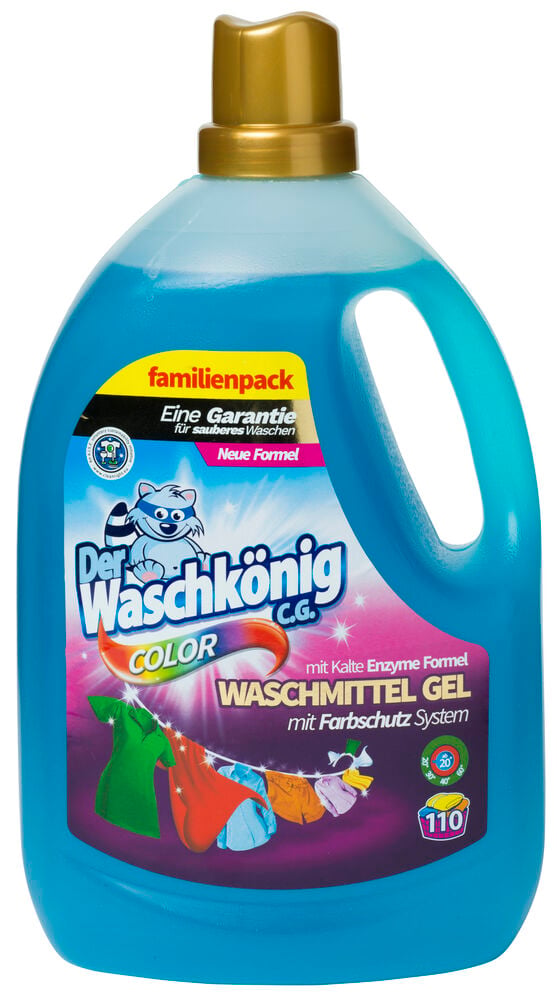 Flüssigwaschmittel Der Waschkönig 3,305 l Universal in einer blauen Flasche mit Goldkappe und farbigem Etikett.