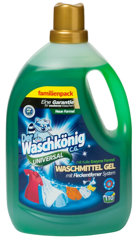 Grüne Flüssigwaschmittel Der Waschkönig 3,305 l Color Flasche mit Goldkappe und Etikett.