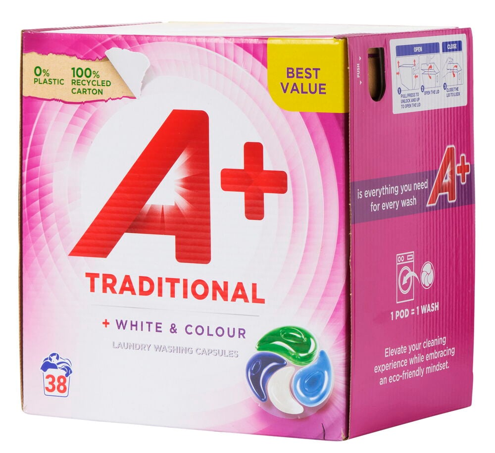 Waschmittel Pods A+ Traditional 38 er-Pack White & Color in einer rosa Kartonbox.