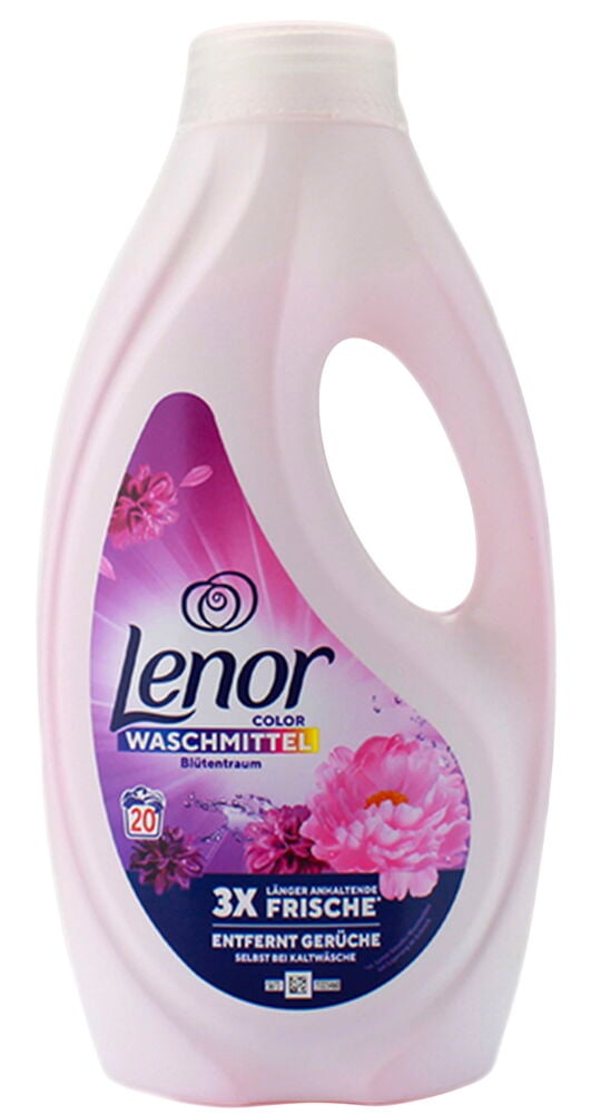 Flüssigwaschmittel Lenor 900 ml Amethyst Blütentraum Color, pinke Plastikflasche mit Blütenetikett.