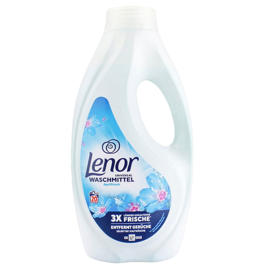 Flüssigwaschmittel Lenor 900 ml Aprilfrisch in einer weißen Flasche mit blauem Blumenetikett.