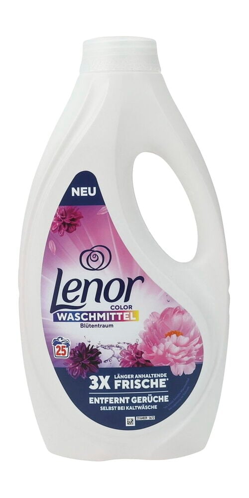 Weiße Lenor Color Flower Dream Flüssigwaschmittelflasche mit lila und rosa Blumenetikett.