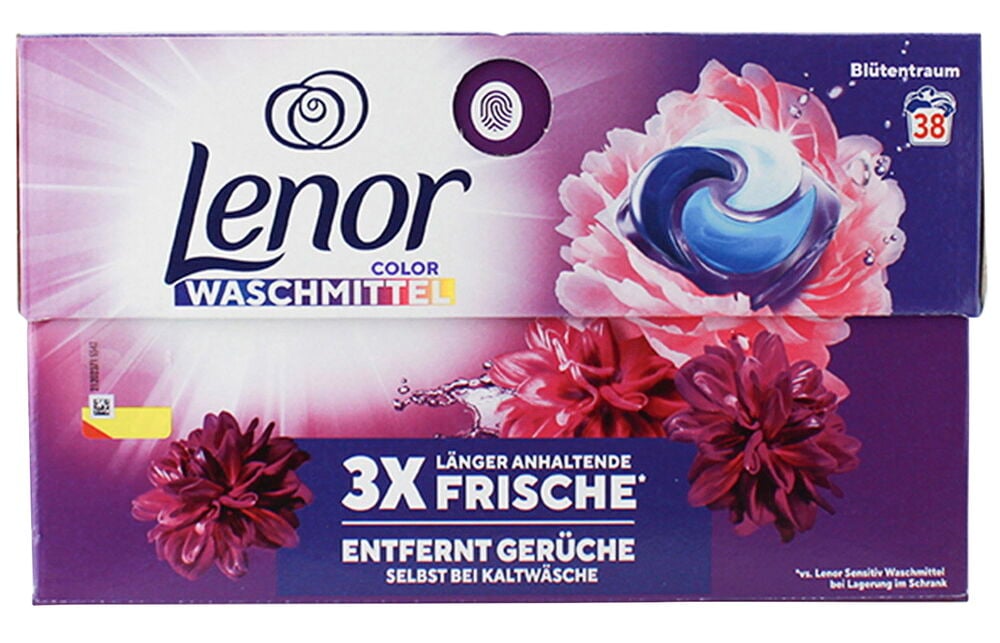 Eine lila Lenor Waschmittel Pods 38er-Packung, Amethyst Blütentraum, mit Blumen und einem Waschmittel-Pod.