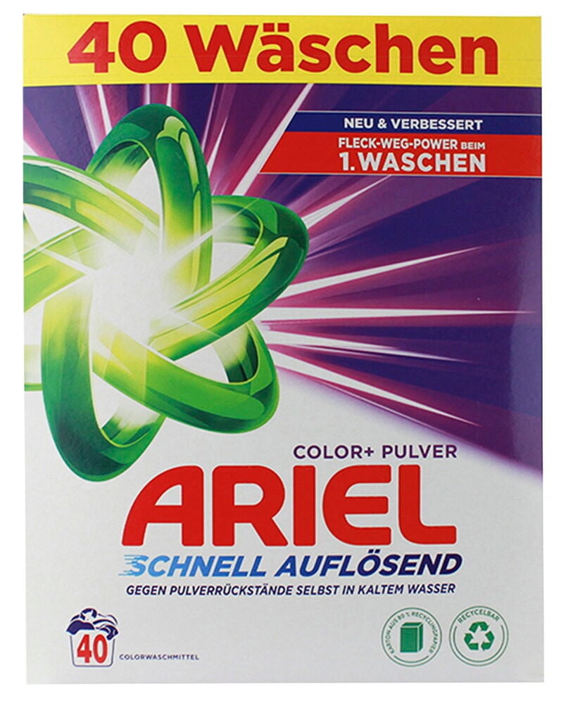 Eine weiße und gelbe rechteckige Schachtel Ariel Color+ Waschpulver für 40 Wäschen.