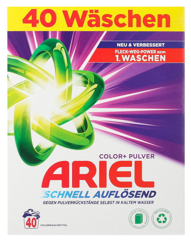 Weiße und gelbe Schachtel Ariel Color+ Waschpulver für 40 Wäschen, schnell auflösend.