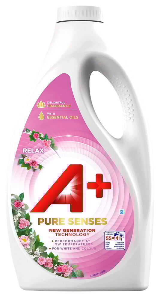 Valkoinen muovipullo Nestemäinen pyykinpesuaine A+ Pure Sense 2,475 l Relax, vaaleanpunaisella kukkaetiketillä.