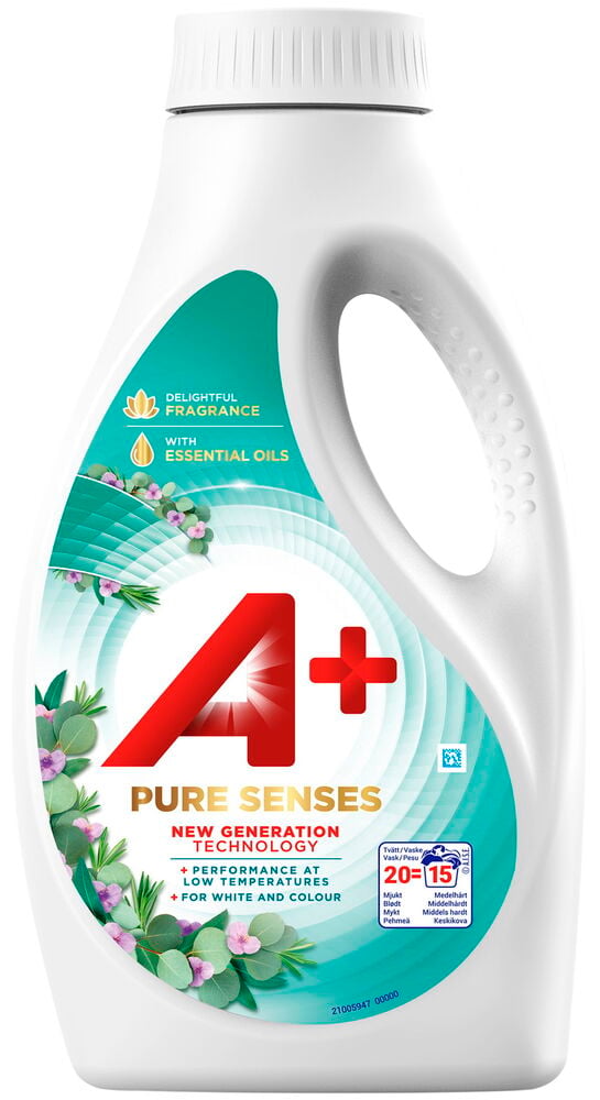 Weiße Flüssigwaschmittel A+ Pure Sense 900 ml Refresh Flasche mit grünem Etikett, rotem A+ Logo und Blumenmuster.