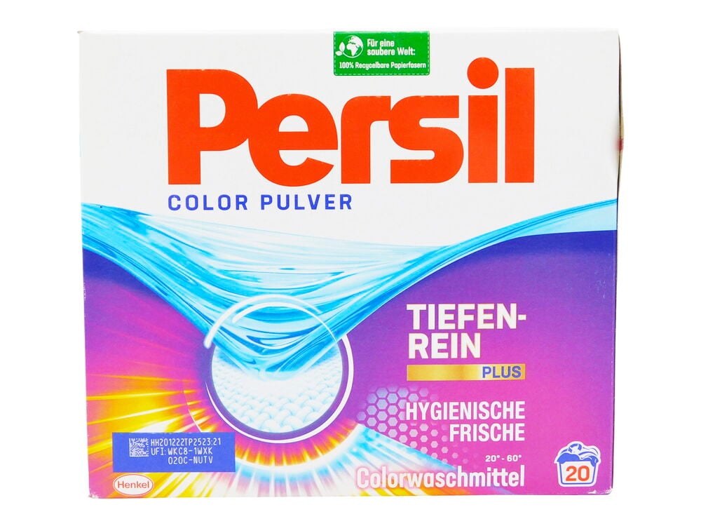 Waschpulver Persil 1,3 kg Color in einer weißen Box mit blauem und lila Design.