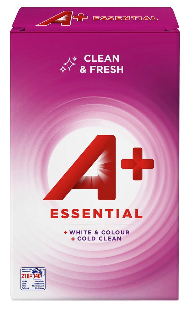 A+ Essential 9,179 kg vaskepulver, en magenta eske med hvit og rød tekst, forfra.