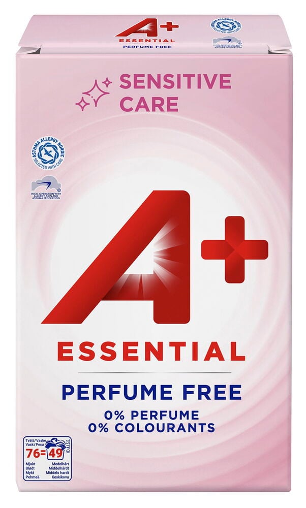A+ Essential 3,445 kg Herkkä pyykinpesujauhe, vaaleanpunainen laatikko punaisella tekstillä.
