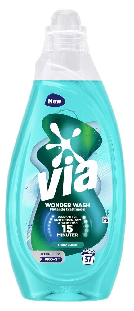 Blått flytande tvättmedel Via Wonder Wash 1,48L Speed Clean i en genomskinlig plastflaska.
